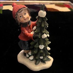 Festive Girl with Christmas Tree Figurine